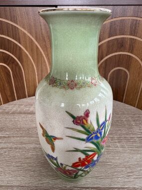 Green Floral Ceramic Vase with Bird Motif - Unbranded